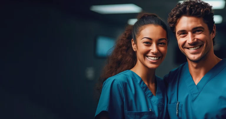 Duas pessoas com roupas de profissional da Saúde com um grande sorriso demonstrando a felicidade de existir uma administradora de benefícios proporcionando planos de saúde coletivos