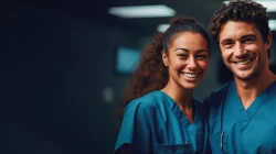 Duas pessoas com roupas de profissional da Saúde com um grande sorriso demonstrando a felicidade de existir uma administradora de benefícios proporcionando planos de saúde coletivos