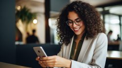 young Hispanic business woman using her mobile phone in a office