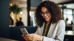 young Hispanic business woman using her mobile phone in a office